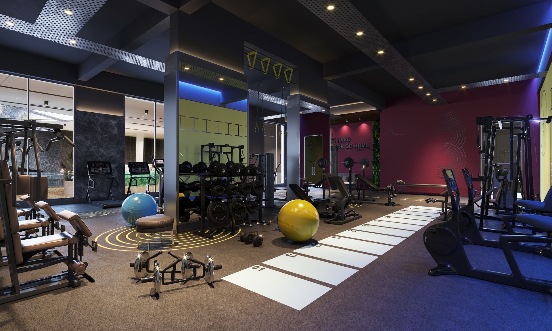 Interior de un gimnasio moderno con equipos de entrenamiento